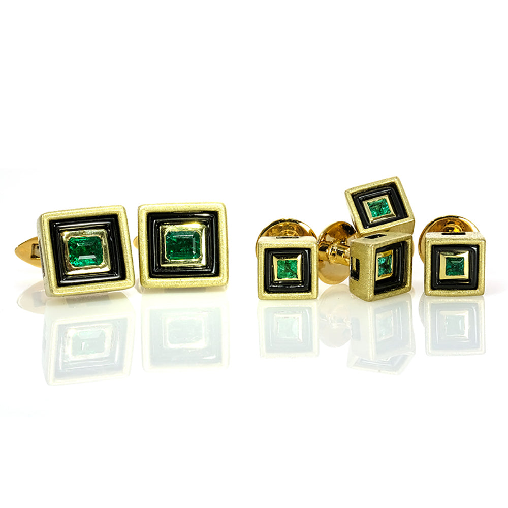 Green Emeralds Cufflinks and Buttoneers