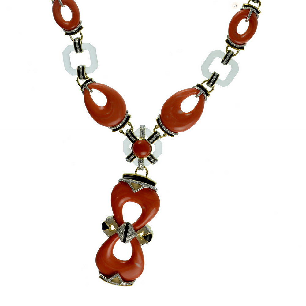 Coral, White Quartz and Diamond Necklace