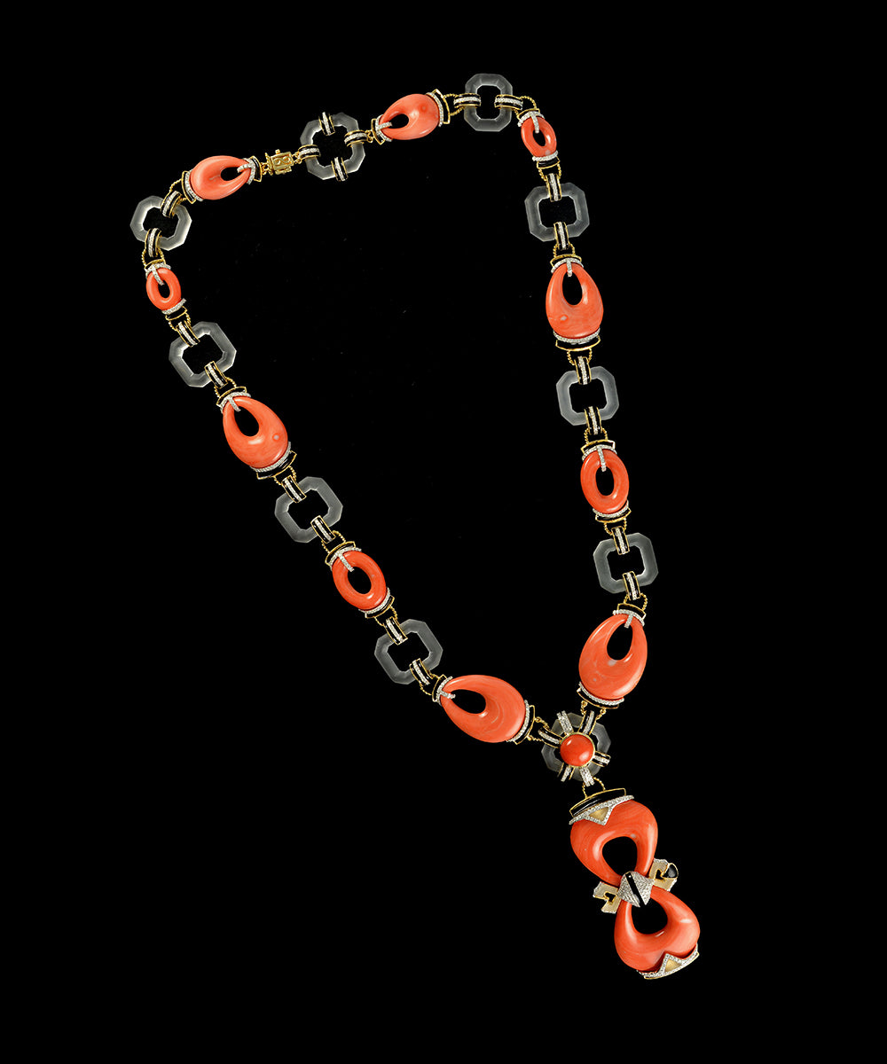 Coral, White Quartz and Diamond Necklace