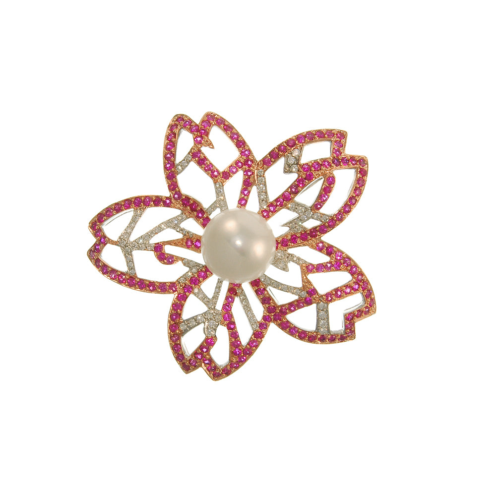 Flower Cut-Out of Pink sapphires, Fresh Water Pearl and Diamonds