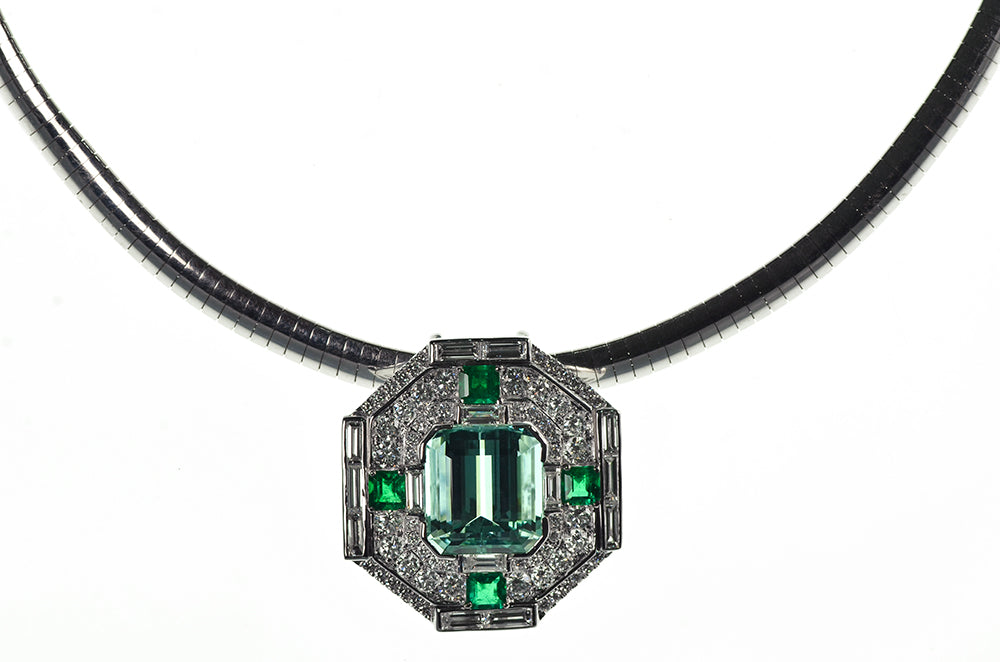 African Tourmaline, Diamonds and Green Emerald Pendant