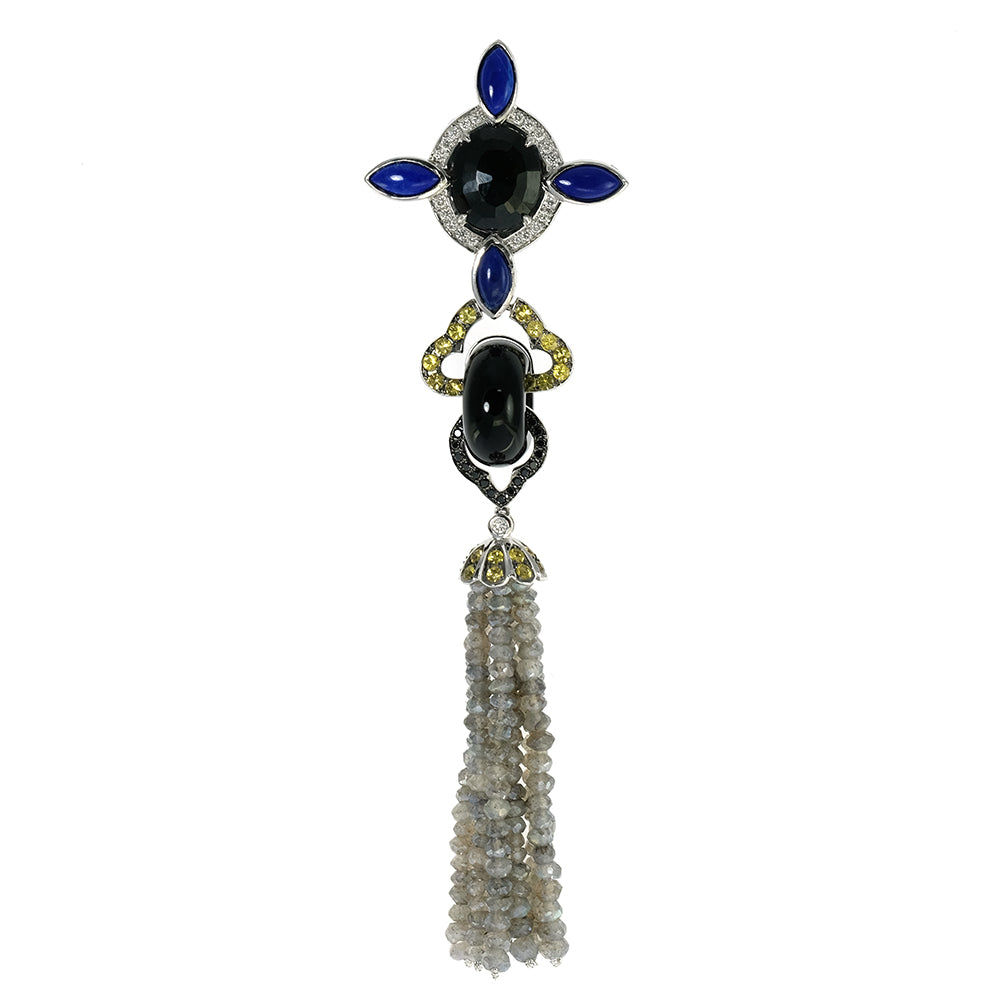 Black Spinel, Onyx, Lapis Lazuli, Sapphires and Diamond Pendant with Labradorite Tassel