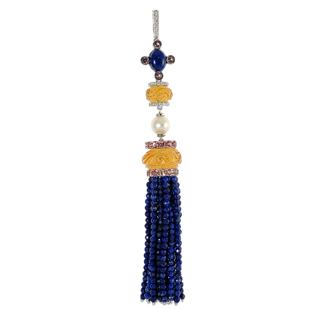 Carved Citrine, Pink Tourmaline and Diamond Pendant with Lapis Lazuli Tassel