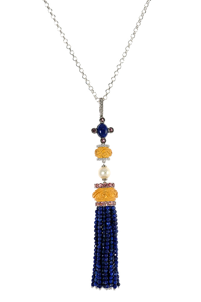 Carved Citrine, Pink Tourmaline and Diamond Pendant with Lapis Lazuli Tassel