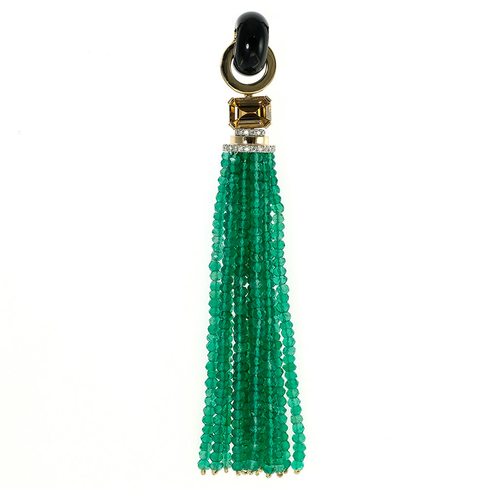 Black Onyx, Brown Zircon and Diamond Pendant with Green Agate Tassel