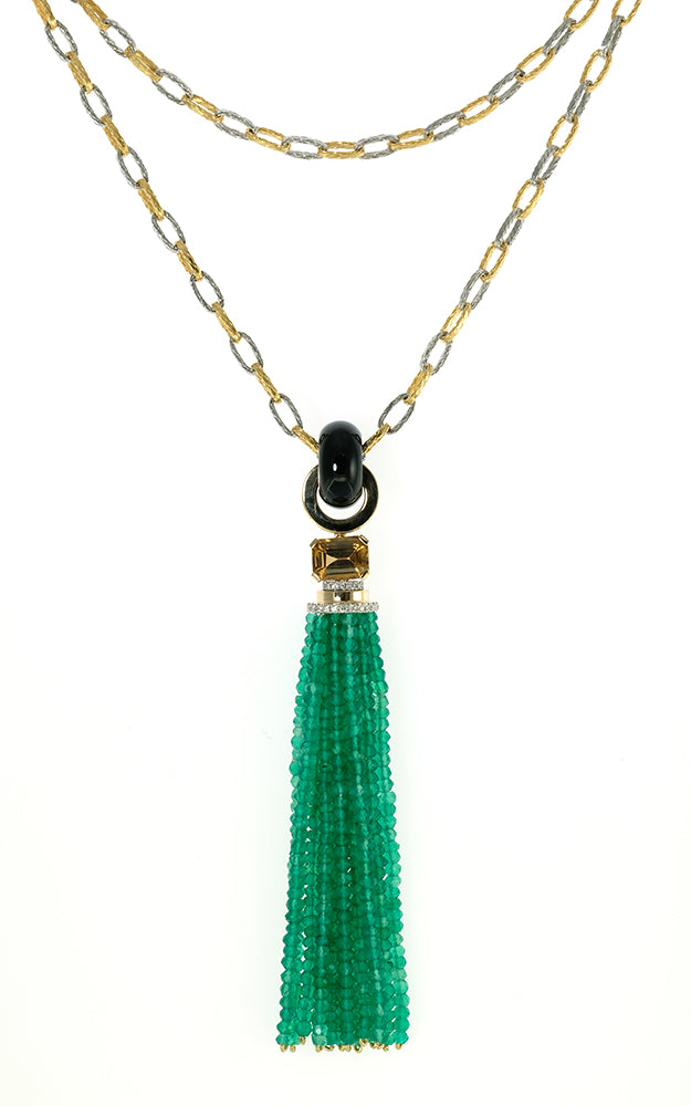 Black Onyx, Brown Zircon and Diamond Pendant with Green Agate Tassel
