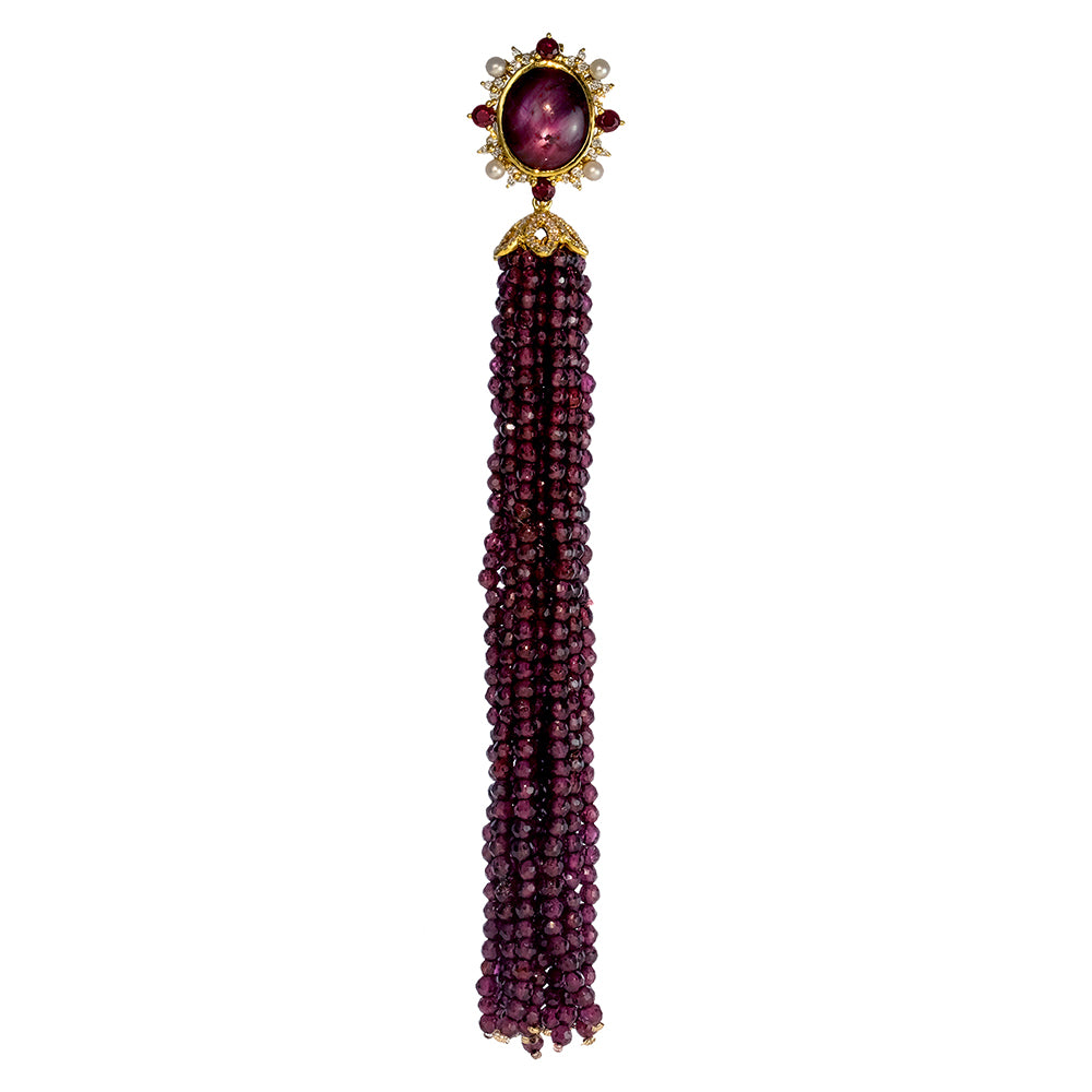 Star Ruby and Diamond Pendant with Rhodolite Garnet Tassel