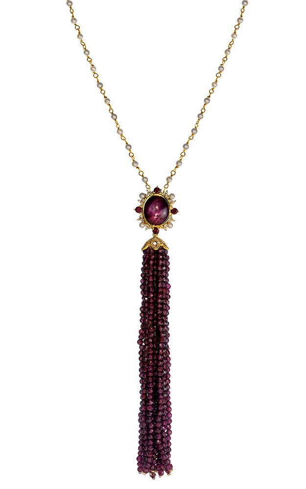 Star Ruby and Diamond Pendant with Rhodolite Garnet Tassel