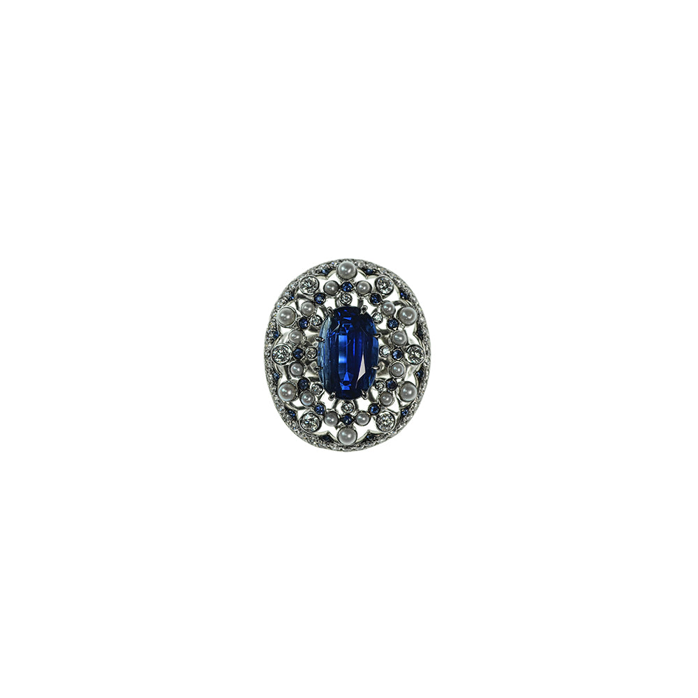 Kyanite, Blue Sapphire, Fresh Water Pearl and Diamond Ring