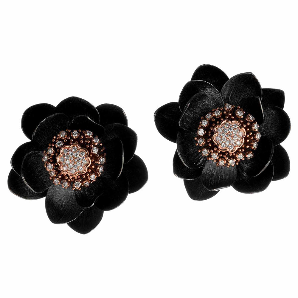 Lotus Earrings in Rose Gold and Black Silver, Large