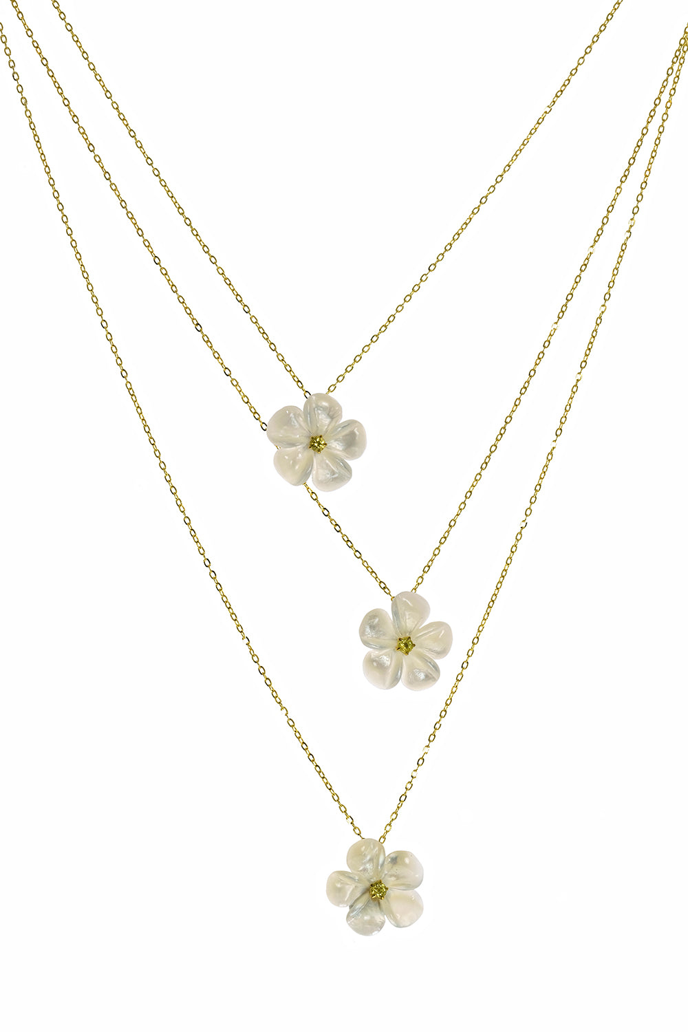 Mother of Pearl Kalachuchi Necklace, Small, with Yellow Sapphire and Chain (available in yellow, white, and rose gold)