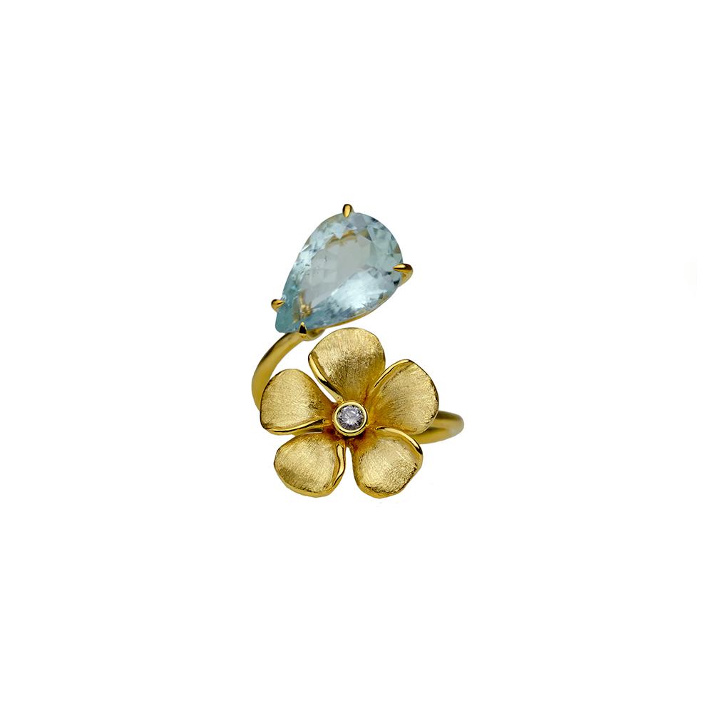 Diamond Kalachuchi Ring with Aquamarine, Small, Satin Finish