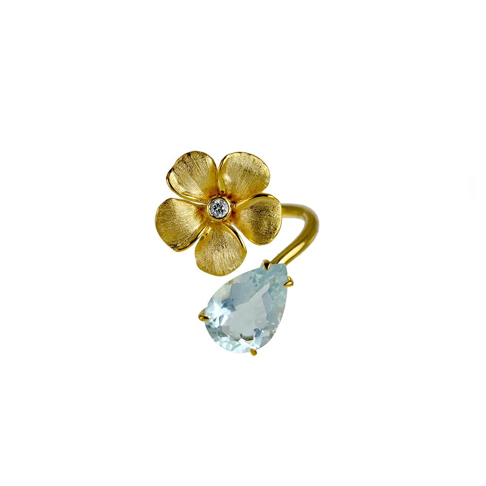 Diamond Kalachuchi Ring with Aquamarine, Small, Satin Finish