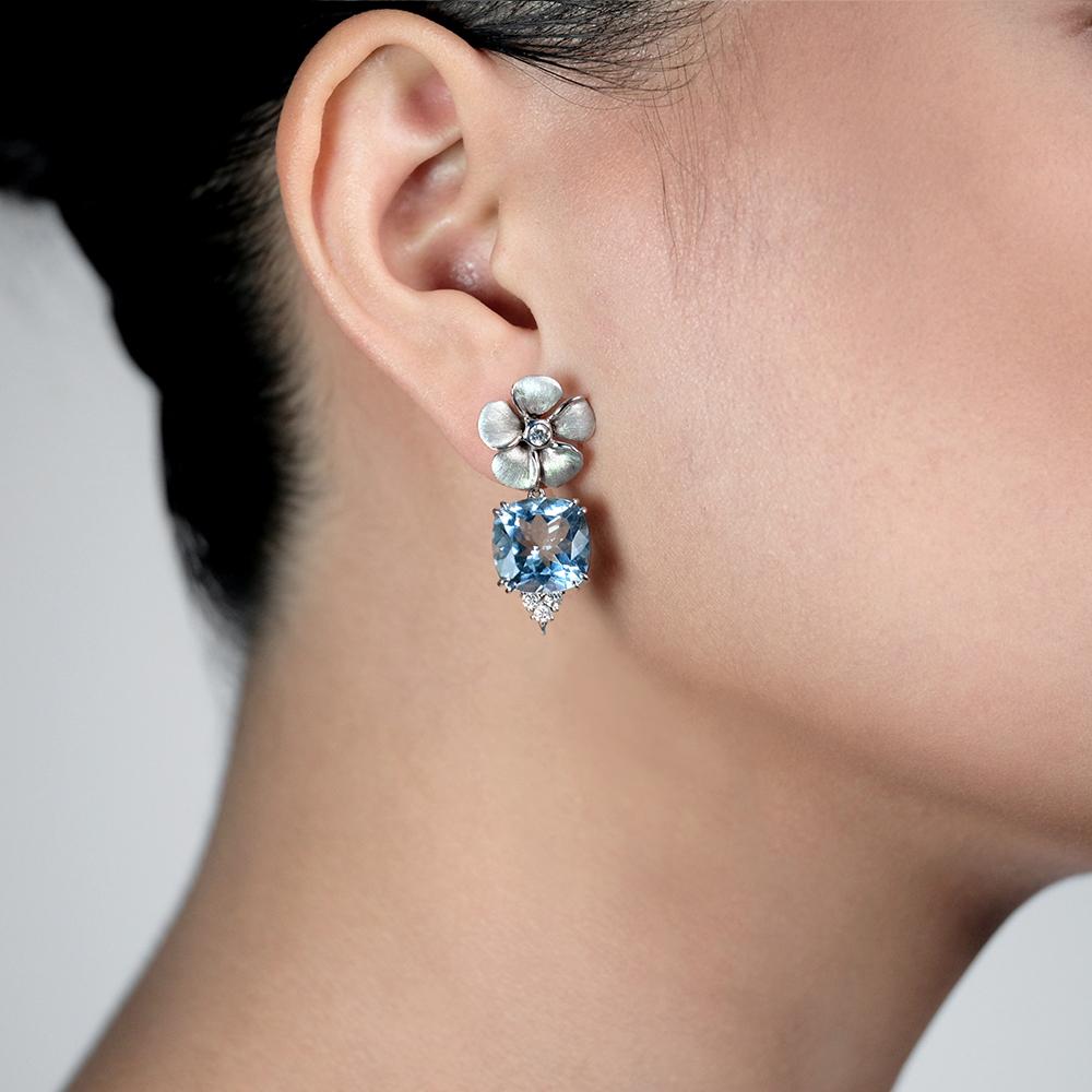 Diamond Kalachuchi Earring with Aquamarine, Small, Satin Finish, (available in yellow, white, and rose gold)