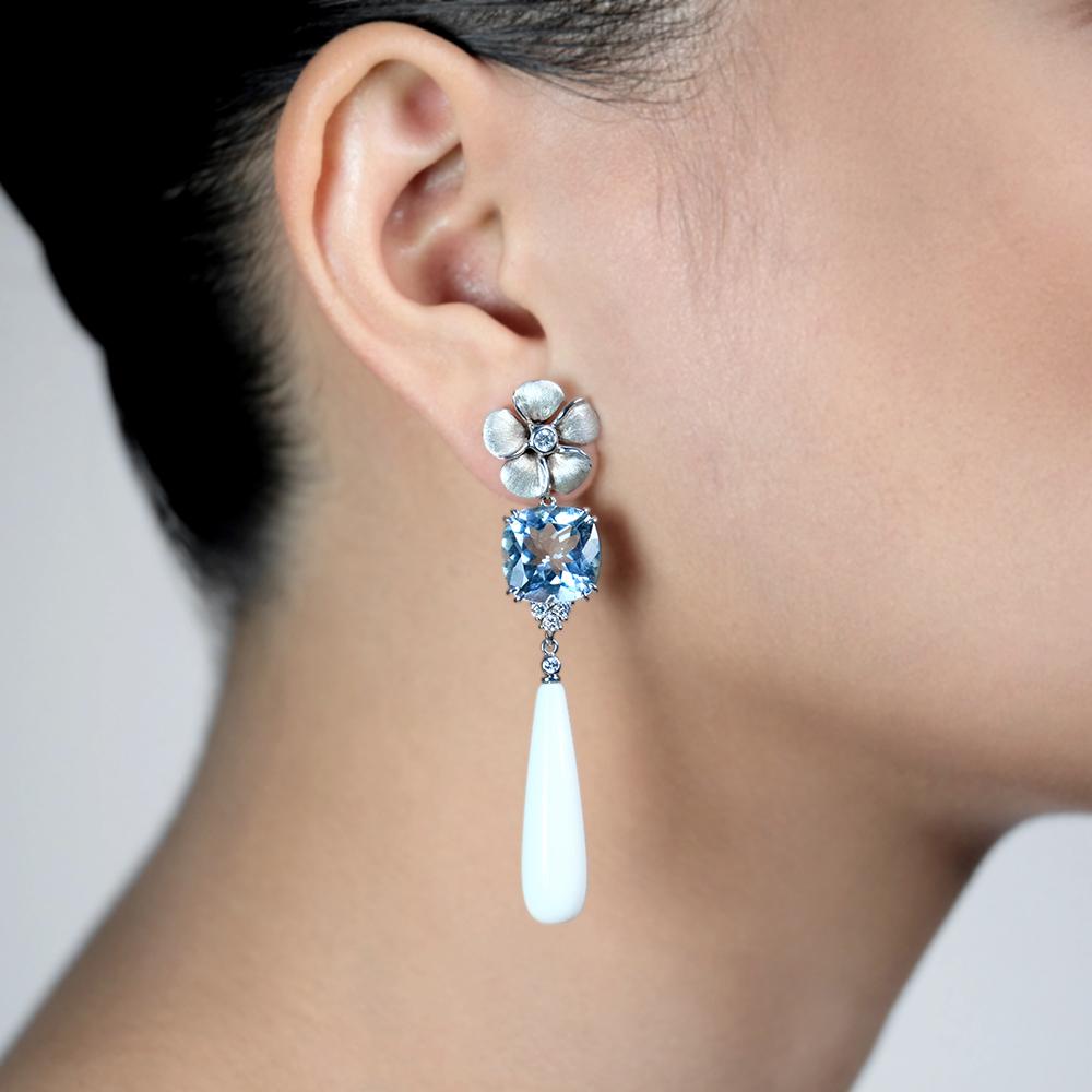 Diamond Kalachuchi Earring with Aquamarine, Small, Satin Finish, (available in yellow, white, and rose gold)