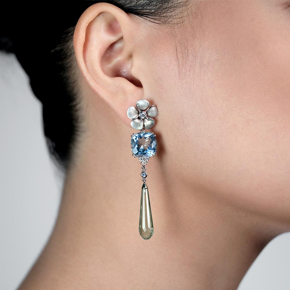 Diamond Kalachuchi Earring with Aquamarine, Small, Satin Finish, (available in yellow, white, and rose gold)