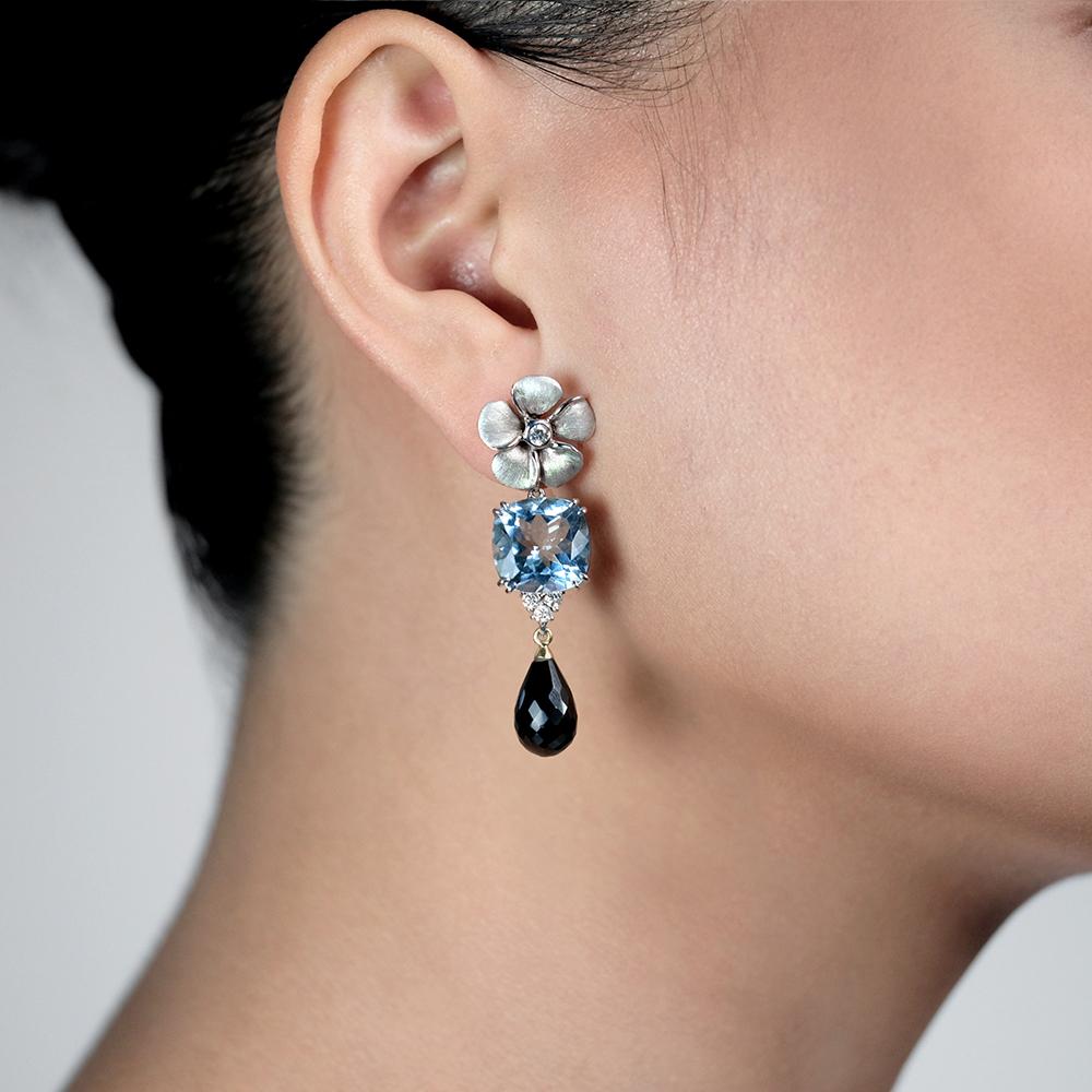 Diamond Kalachuchi Earring with Aquamarine, Small, Satin Finish, (available in yellow, white, and rose gold)