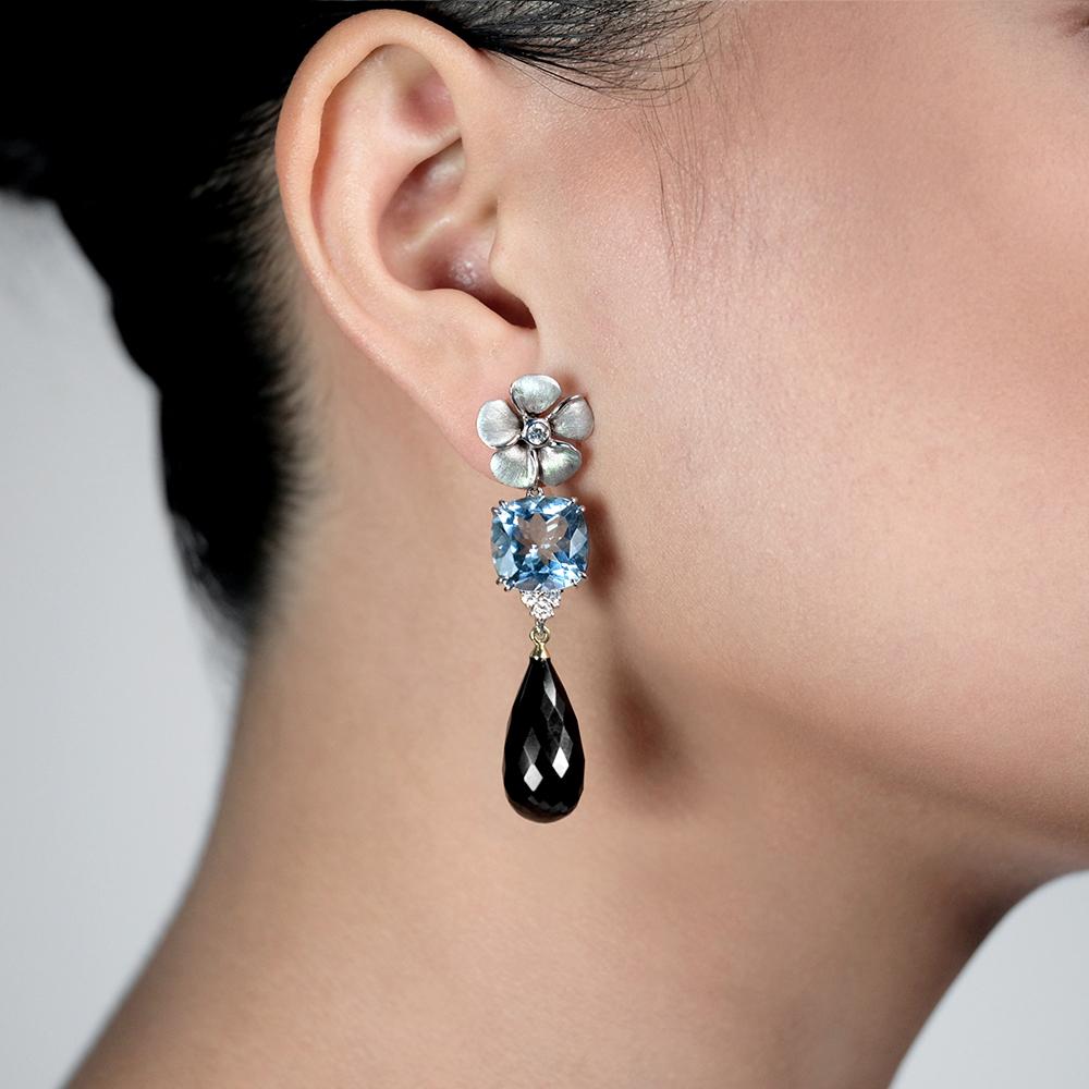 Diamond Kalachuchi Earring with Aquamarine, Small, Satin Finish, (available in yellow, white, and rose gold)