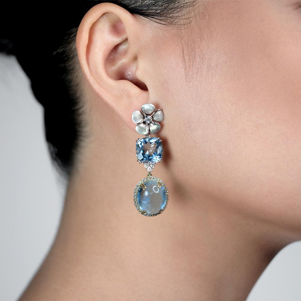 Diamond Kalachuchi Earring with Aquamarine, Small, Satin Finish, (available in yellow, white, and rose gold)