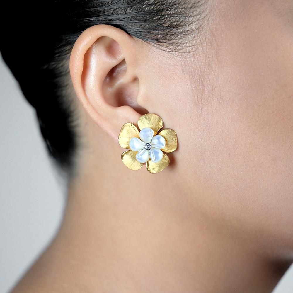 Mother of Pearl Kalachuchi Earring, Small, with Diamond (available in yellow, white, and rose gold)