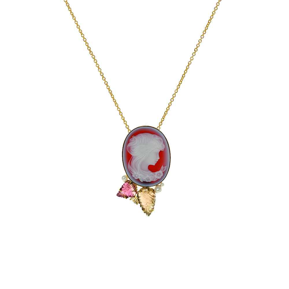 Red Agate Cameo, Tourmaline Leaves and Sapphire Pendant